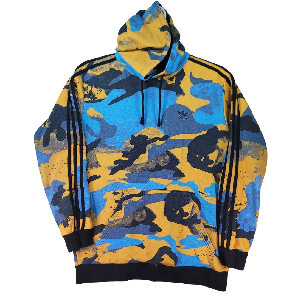 Adidas Hoodie Mens XL Blue Yellow Camo Pullover Trefoil Three Stripe HK2804